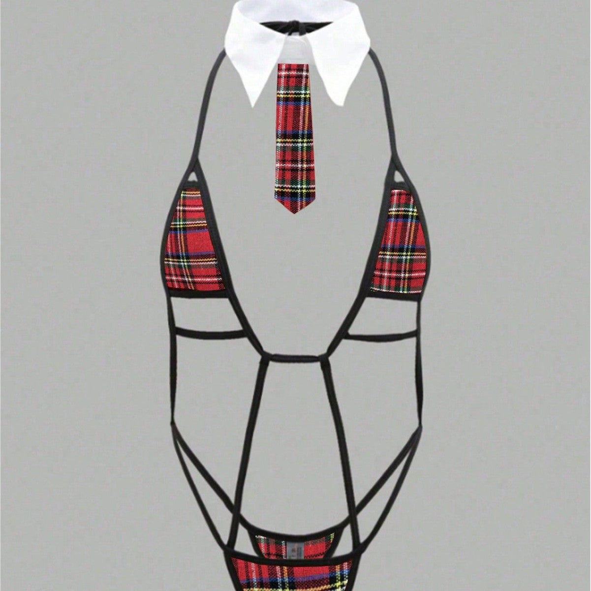 Image of Cross-border foreign trade explosive women's sexy tie strap-on one-piece plaid hollow sex set spot wholesale women